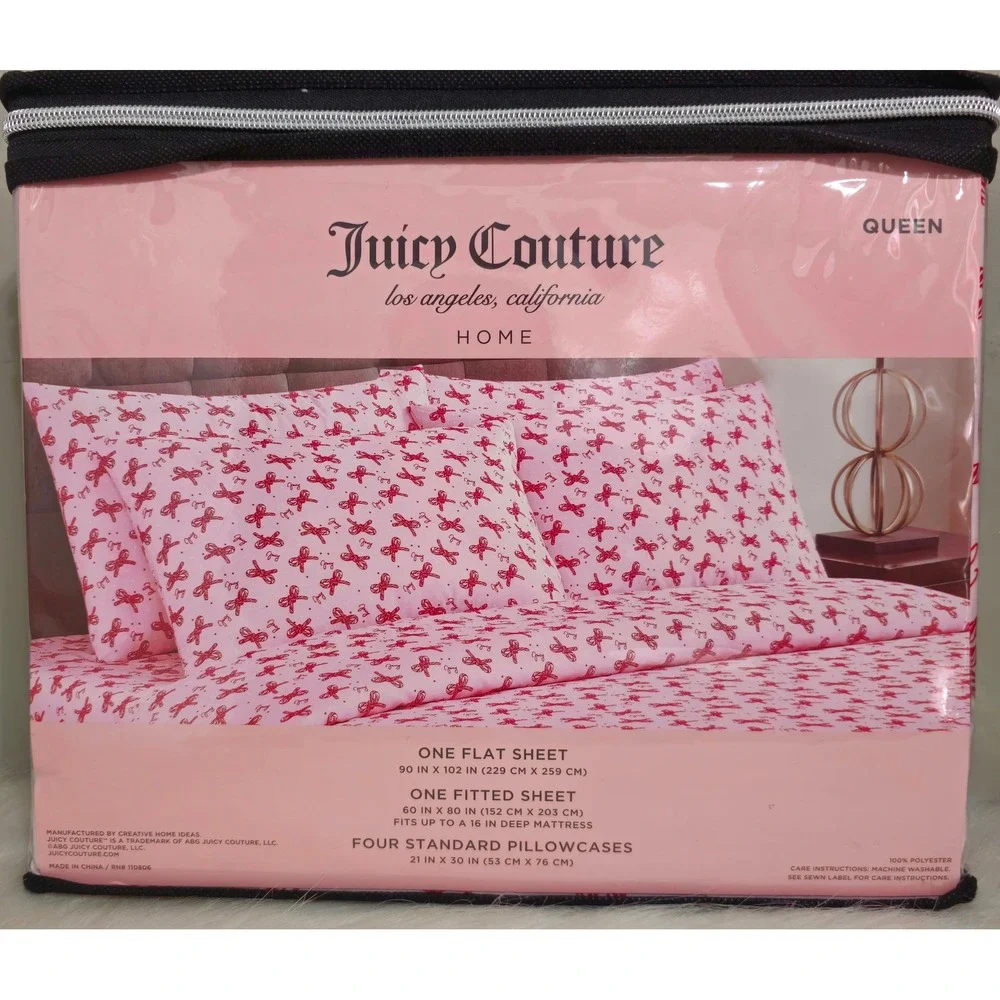 Juicy Couture Christmas Queen Sheet Set Pink Candy Cane Bow Bedding NWT